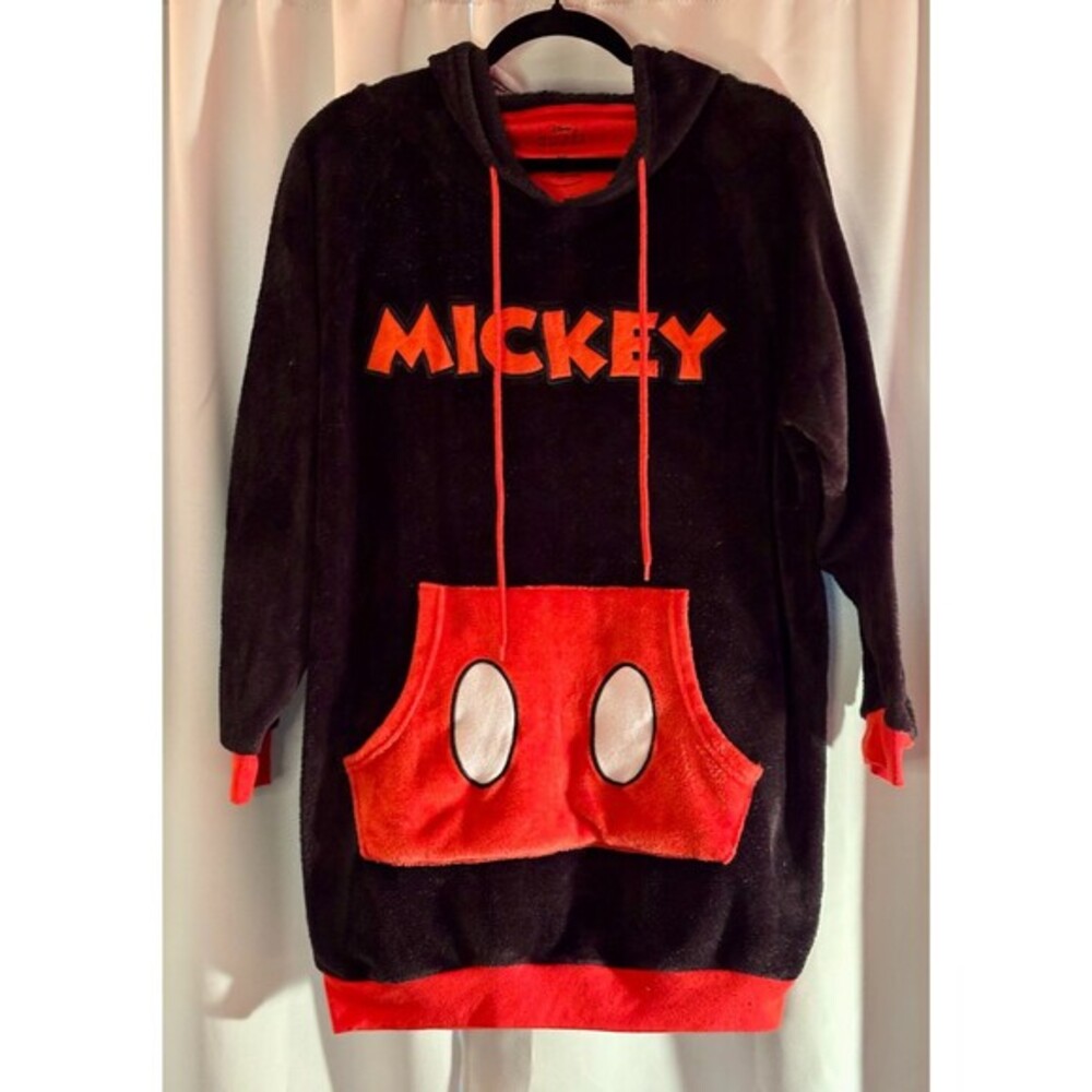 Disney Mickey Mouse Woman's Pullover Fleece Front Pocket Long Hoodie Size Small